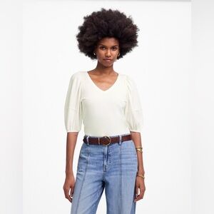 Madewell White Puff-Sleeve V-Neck Tee Women Top Size Medium NWT